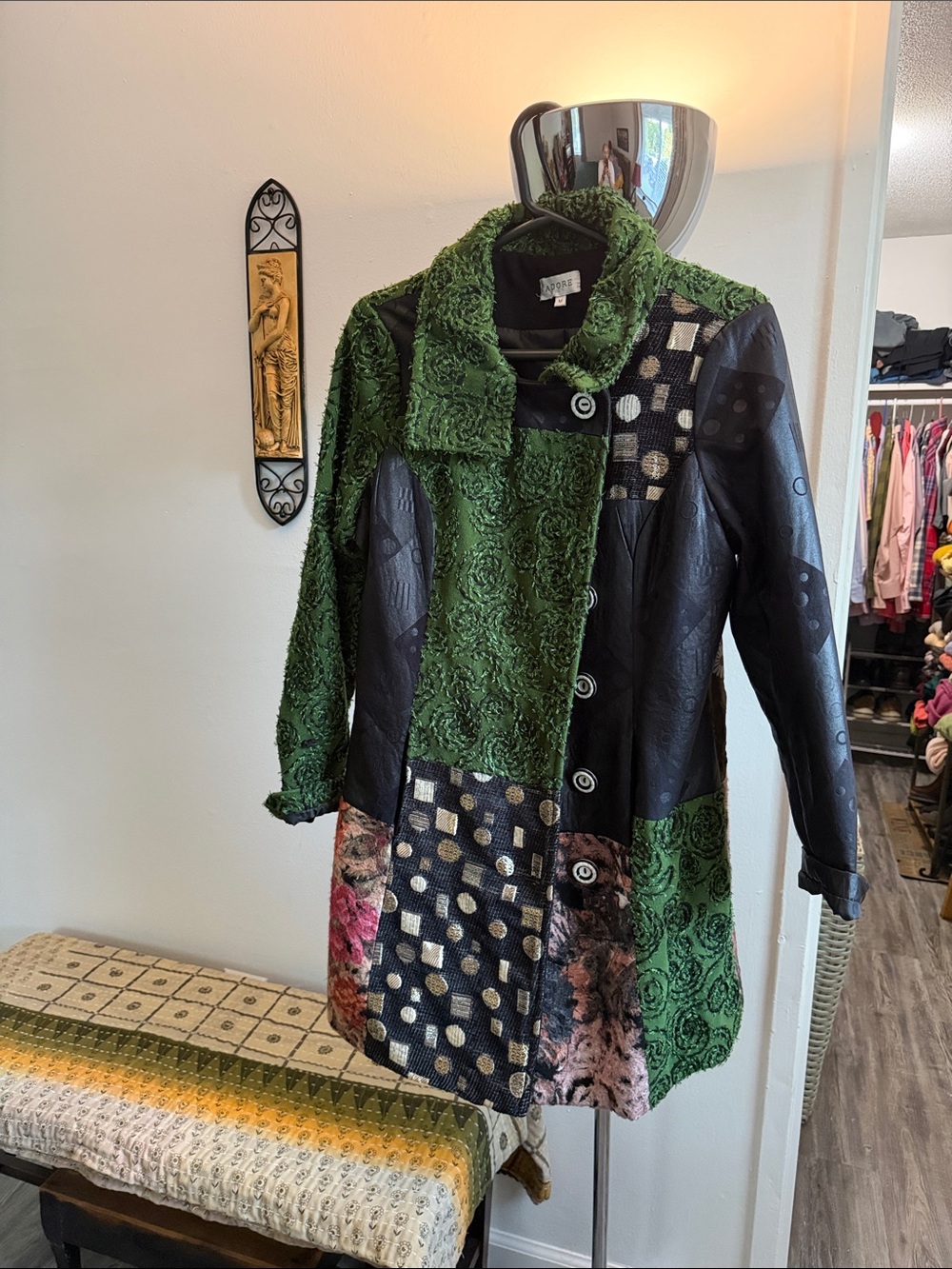 Adore Mixed Media Coat Size M Green Black Art To Wear Boho